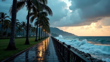 Fototapeta premium sunset on the beach, Strong winds blow over the palm trees along the embankment, and the rain is caused by stormy waves. Natural disaster