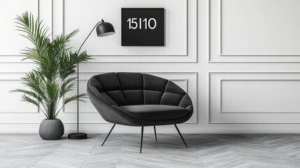 Modern black velvet armchair in minimalist room.