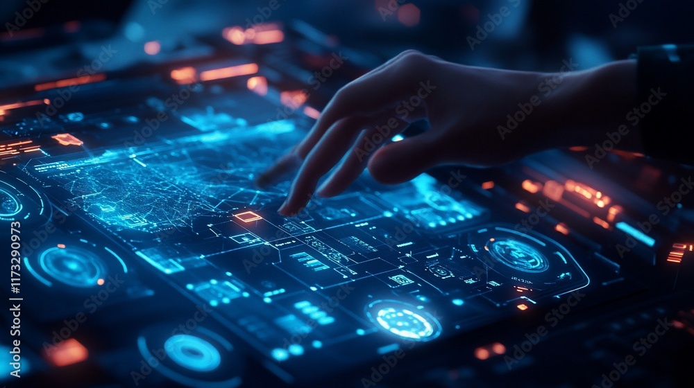 Poster Hand interacts with futuristic holographic interface displaying data.