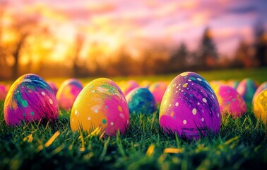 Colorful Easter Eggs in a Field at Sunset