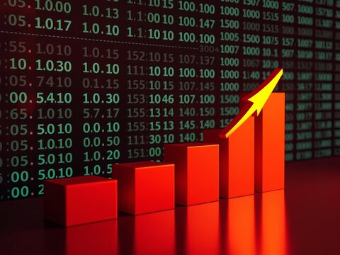 Upward trending graph with arrows on binary code backdrop depicting stock market growth, growth, profit