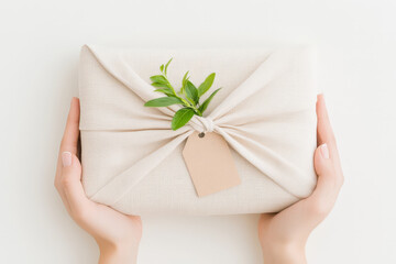 Pair of hands presenting an eco-friendly gift wrapped in cream fabric, adorned with green leaves and a blank tag.