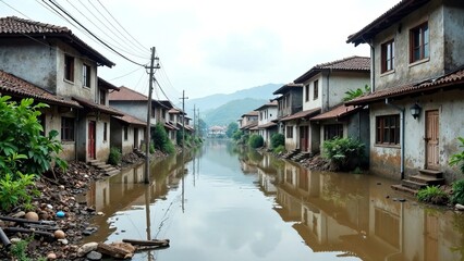 Fototapeta premium houses on the river. International Day of Action for Disaster Risk Reduction