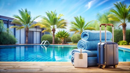 Naklejka premium Hotel Amenities: Key, Room Card, Luggage, Towel, and Wi-Fi Symbols on Blue Background