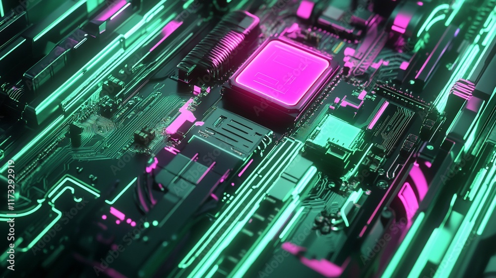 Poster Close-up of a vibrant, glowing circuit board with a central processor.