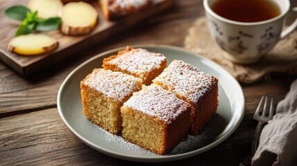 Slicesof ginger cake on a plate with a cup of tea at the side.