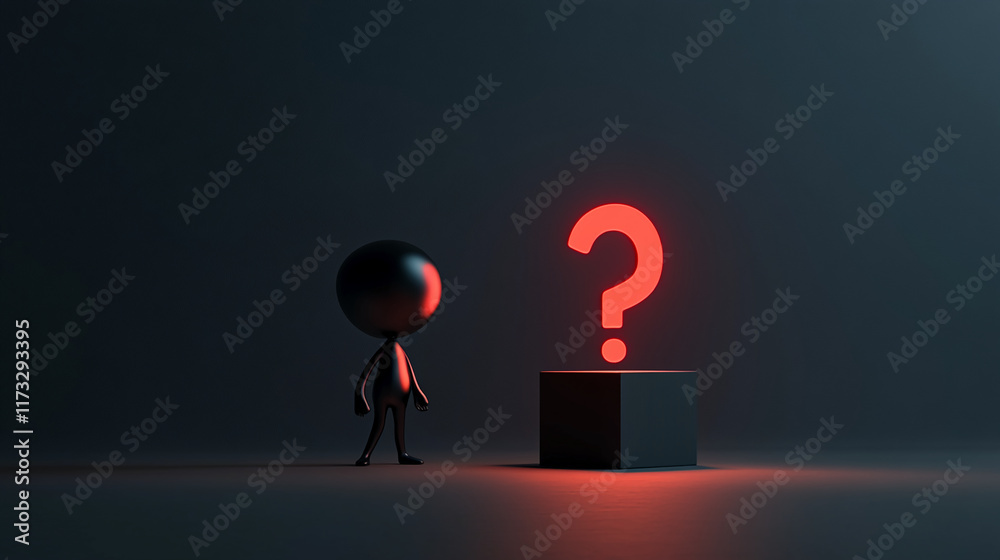 Poster minimalist figure observing glowing red question mark on a dark background