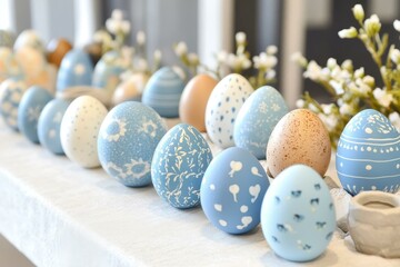 Obraz premium Decorated Easter Eggs on a Light Table Setting
