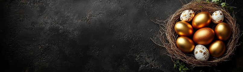 Obraz premium Golden Eggs in a Nest on a Dark Surface
