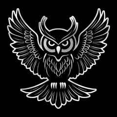 Obraz premium 羽を広げて飛んでいるフクロウのシルバーのシルエットイラスト 黒背景の切り抜き