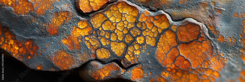 Aufkleber close-up of a textured rock surface with orange and grey patterns.