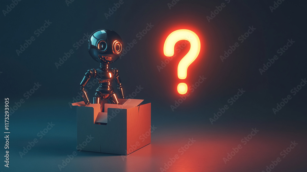 Poster Robot emerging from box with glowing red question mark on dark background