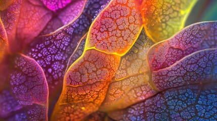 A vibrant microscopic image of a tea leaf's surface, with dew-like trichomes glistening under magnification, showcasing a kaleidoscope of natural textures 