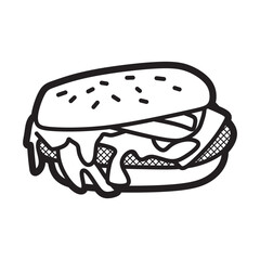 sandwich, simple black and white line art, messy burger with sesame seeds