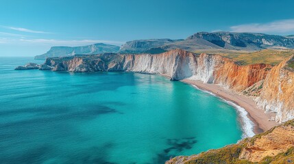 Obraz premium Panoramic view of a secluded cove with turquoise water, white cliffs, and a sandy beach under a clear blue sky.