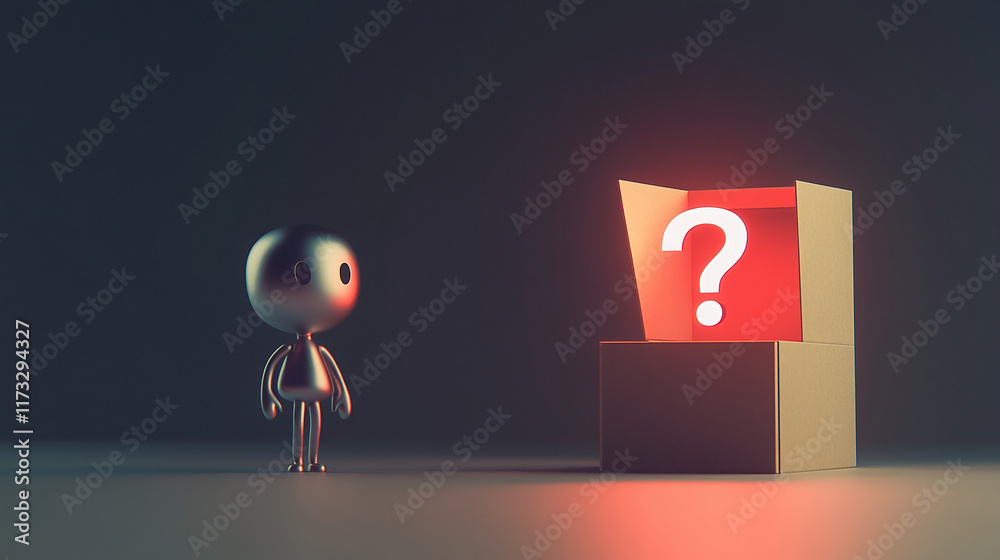 Poster Metallic robot and glowing question mark emerging from an open box on dark background