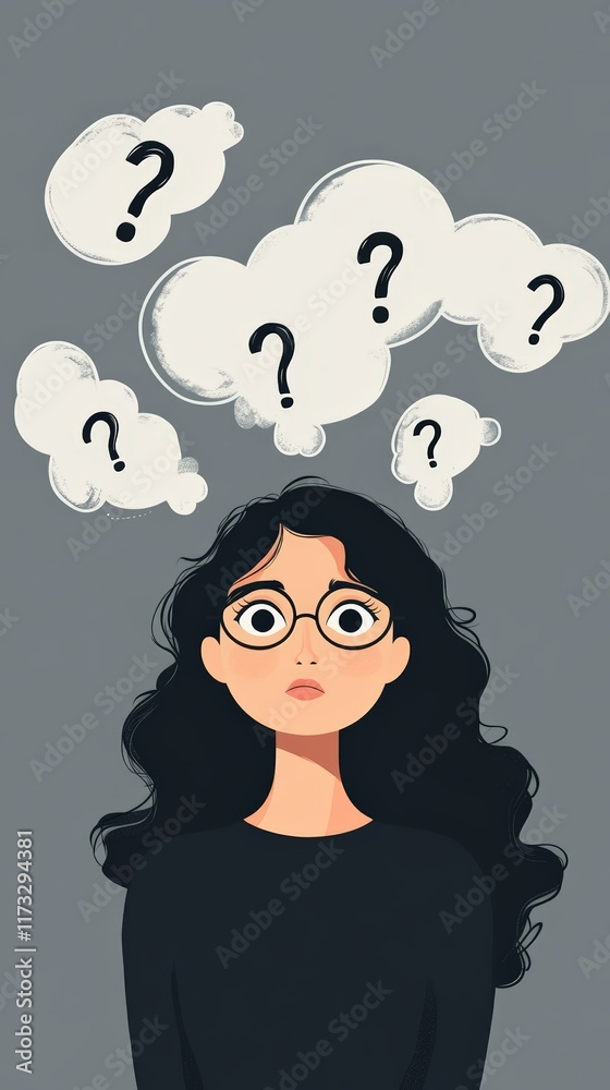 Poster Thoughtful student with round eyeglasses having many doubts, depicted with question marks inside speech bubbles over her head, expressing confusion and uncertainty
