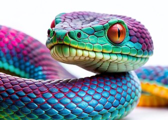 Fototapeta premium Indonesian Purple-spotted Pit Viper Close-up on White Background