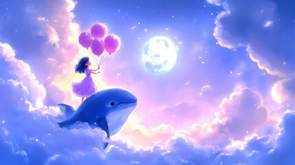 A Girl Riding a Whale in the Sky with Balloons