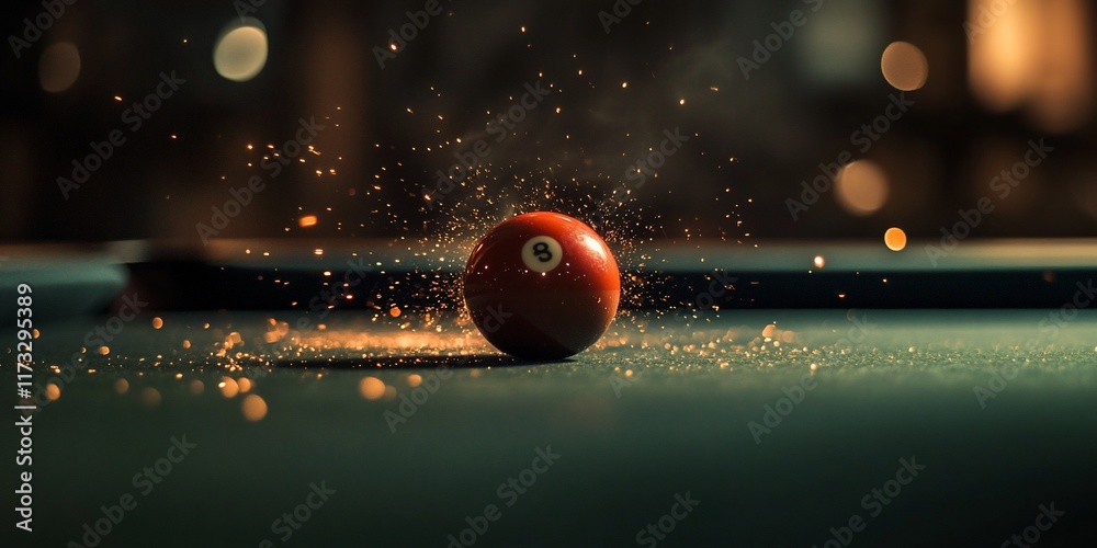 Aufkleber close-up of a billiard ball on a pool table after impact, with dust and particles in motion.