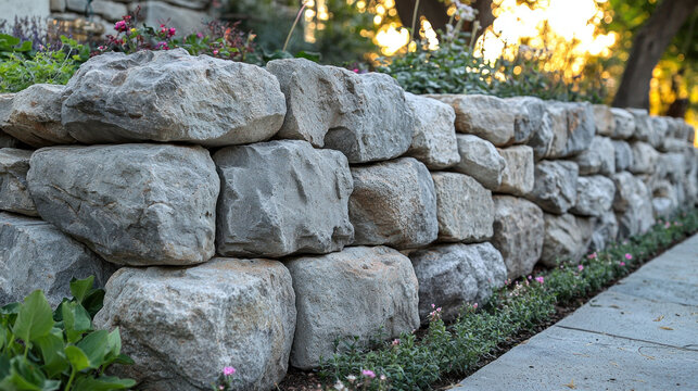 Stone retaining wall in garden by sidewalk at sunset