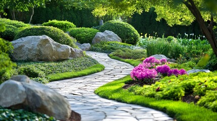 Peaceful Garden Path Winding Through Lush Greenery