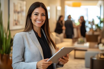 A professional real estate agent in her late thirties, smiling and holding a tablet with, dressed smartly in business attire, stands inside a modern living room filled with people in the background