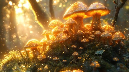 Golden mushrooms glowing in sunlight.