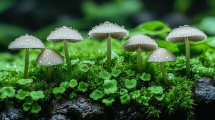 Dewy mushrooms cluster on mossy forest floor.