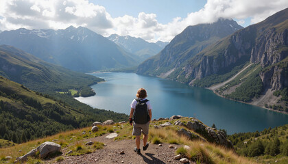 Fototapeta premium Hiking person enjoying view of mountains and lake