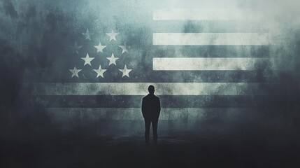 Fototapeta premium Silhouette Man Stands Before Faded American Flag