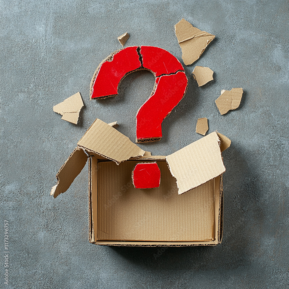 Poster Red large question mark breaking through a torn cardboard box on a textured background