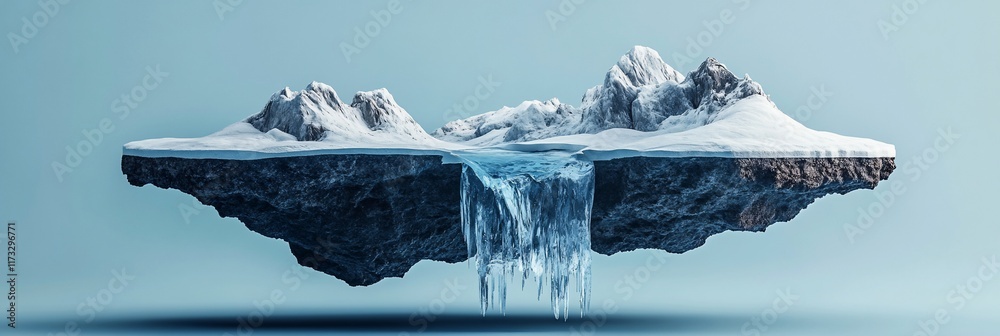 Poster floating island with snow-capped mountains and a frozen waterfall.