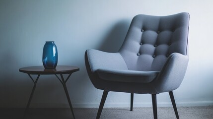 Grey armchair, blue vase, side table, minimalist room, waiting area