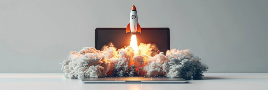 Rocket launching from laptop, engulfed in smoke and fire. AI generative. .