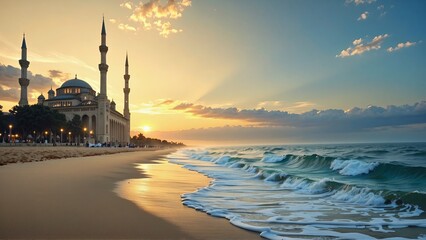 An exotic mosque with a crescent-shaped dome and turquoise accents stands on a rocky coastline. The...