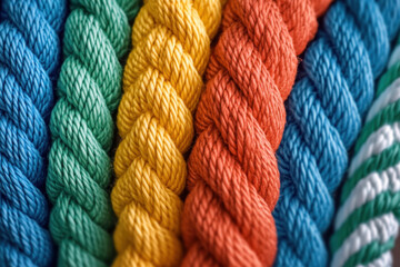 Close-up of a thick fishing rope coiled neatly on the deck, the texture of each strand clearly visible in red, yellow, blue and green