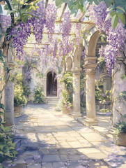 Fototapeta premium Wisteria flowers cascading in tranquil garden corridor