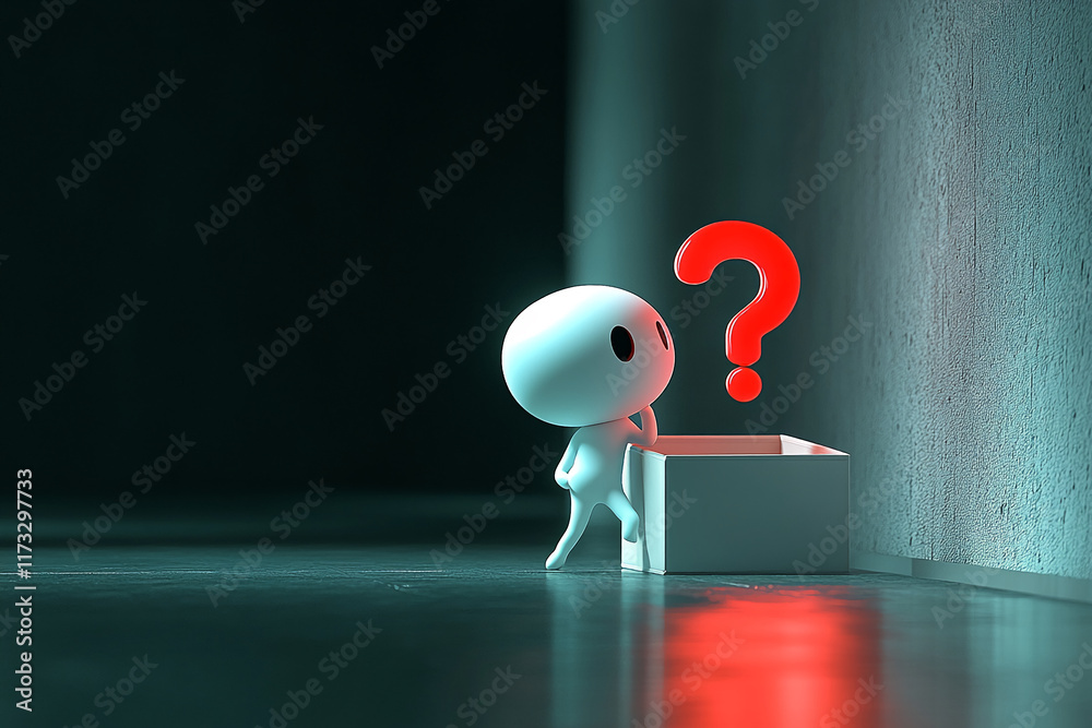 Aufkleber Abstract character pondering a glowing red large question mark above a box in a dark minimalist setting