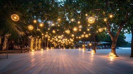 Enchanting Evening Lights on a Beachside Pathway Amidst Twilight