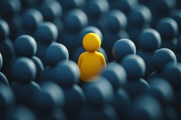 Obraz premium Bright yellow figure stands out among dark figures in a crowded environment showcasing individuality and contrast
