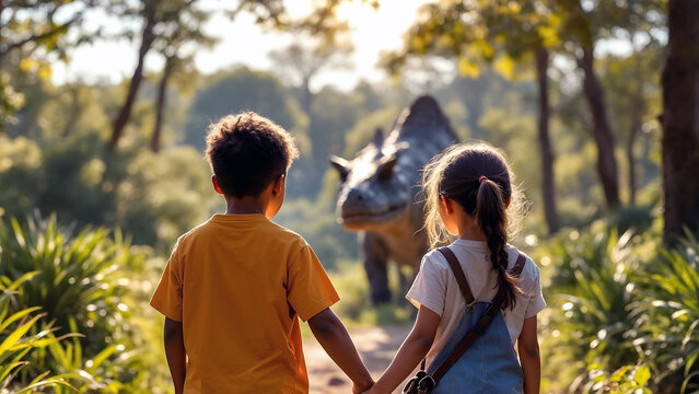 Two children holding hands while looking amazed a dinosaur in a Jurassic outdoor setting on a sunny day.
