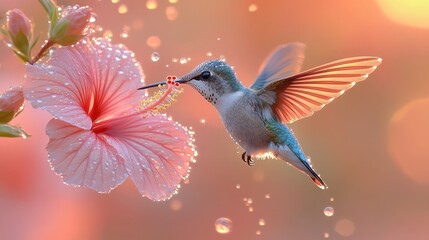 Naklejka premium Hummingbird feeding on a pink hibiscus flower with water droplets.