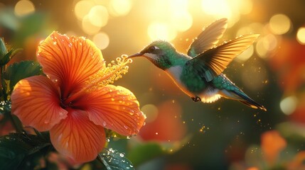 Fototapeta premium Hummingbird feeding on a vibrant hibiscus flower at sunset.