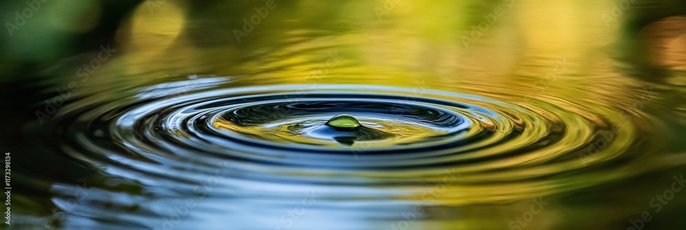 Poster close-up of concentric ripples on water surface after a drop impact, reflecting blurred nature backg