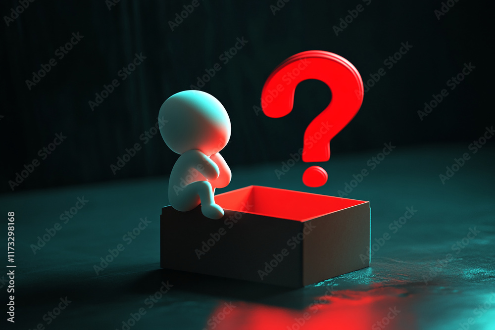 Poster Abstract character sitting on a box with a glowing red large question mark in a dark conceptual scene