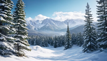 Fototapeta premium Snow-covered forest with majestic mountains in the background on a bright winter day