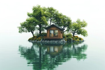 Fototapeta premium A small wooden cabin sits on a small island surrounded by trees and reflected in the water. AI generative. .