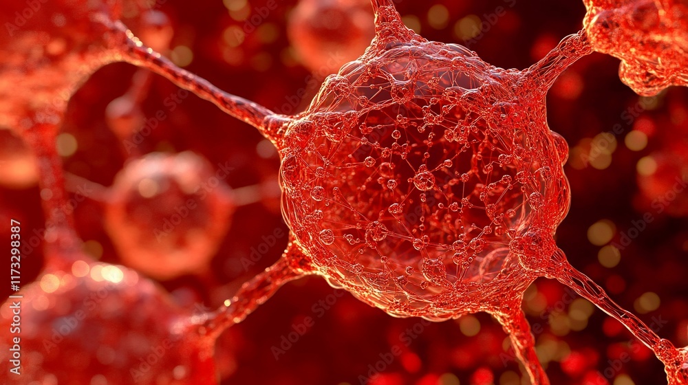 Poster Microscopic view of red cells interconnected, showing complex structures and textures.