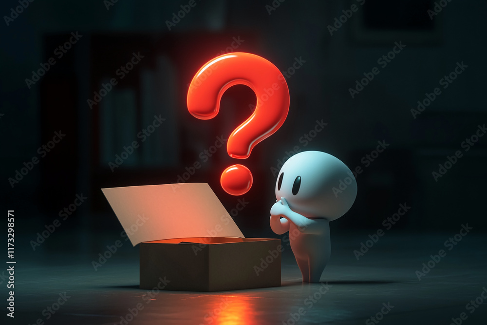 Poster Abstract glowing red large question mark floating above an open box with a curious character in a dark room